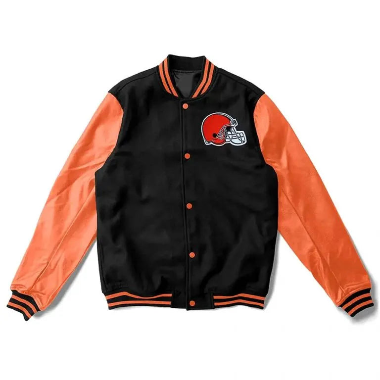 Cleveland Browns Black Wool & Orange Genuine Leather Sleeves Full-Snap Men's Varsity Jacket