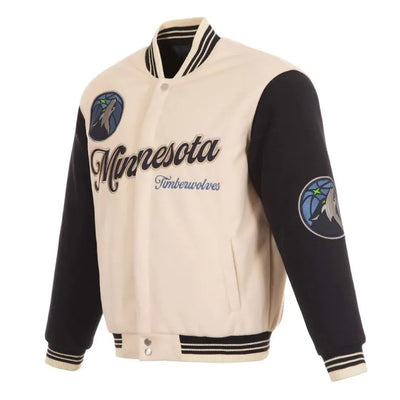 Minnesota Timberwolves Varsity Cream Wool & Black Genuine Leather Sleeves Men's Jacket