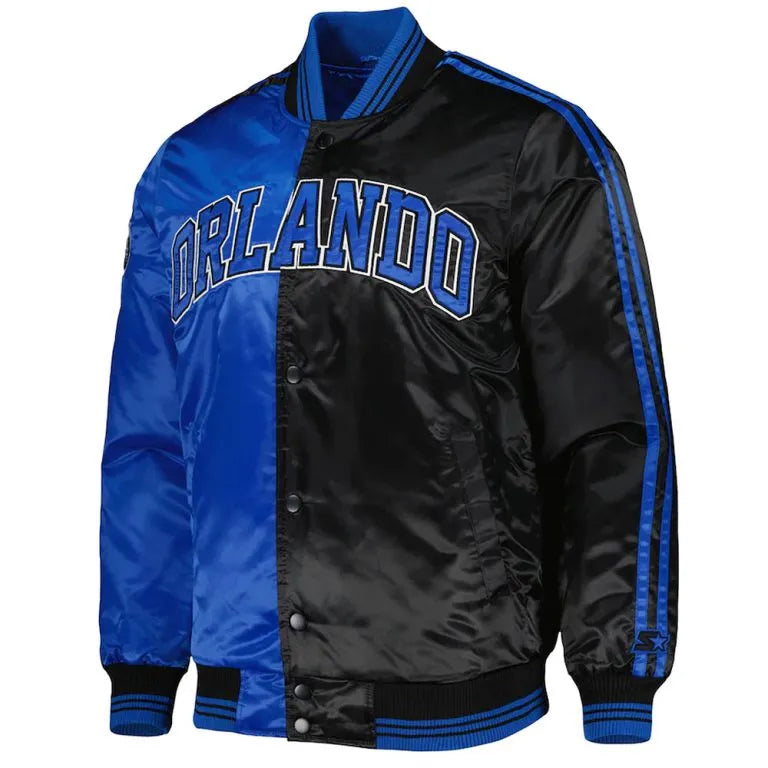 Orlando Magic Fast Break Full-Snap Varsity Black and Blue Satin Men's Bomber Jacket