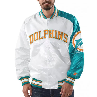 Miami Dolphins Retro Start of Season Full-Snap Varsity Aqua & White Satin Men's Bomber Jacket