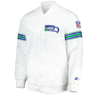 Seattle Seahawks The Power Forward Full-Snap Varsity White Satin Men's Bomber Jacket