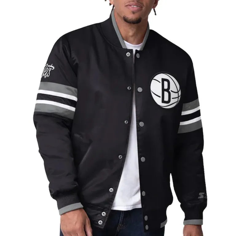 Brooklyn Nets Scout I Full-Snap Varsity Black Satin Men's Bomber Jacket