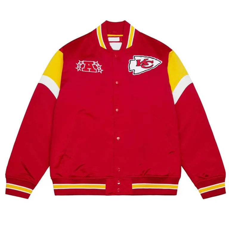 Kansas City Chiefs Heavyweight Full-Snap Varsity Red Satin Men's Bomber Jacket