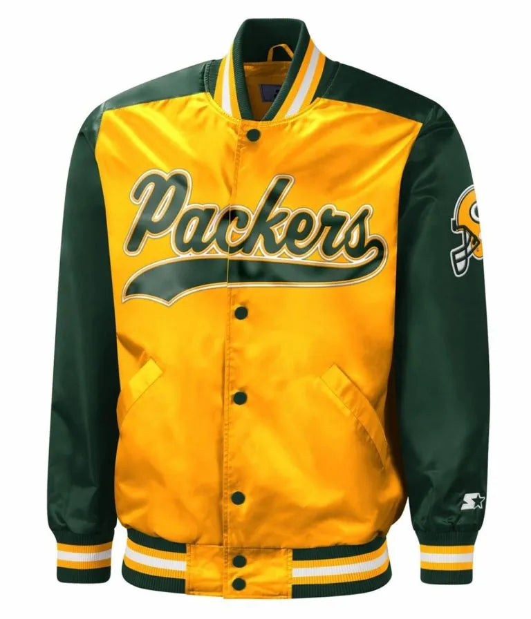 Green Bay Packers Full-Snap Varsity Yellow and Green Satin Men's Bomber Jacket