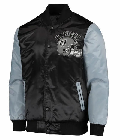 Los Angeles Raiders Full-Snap Varsity Grey and Black Satin Men's Bomber Jacket