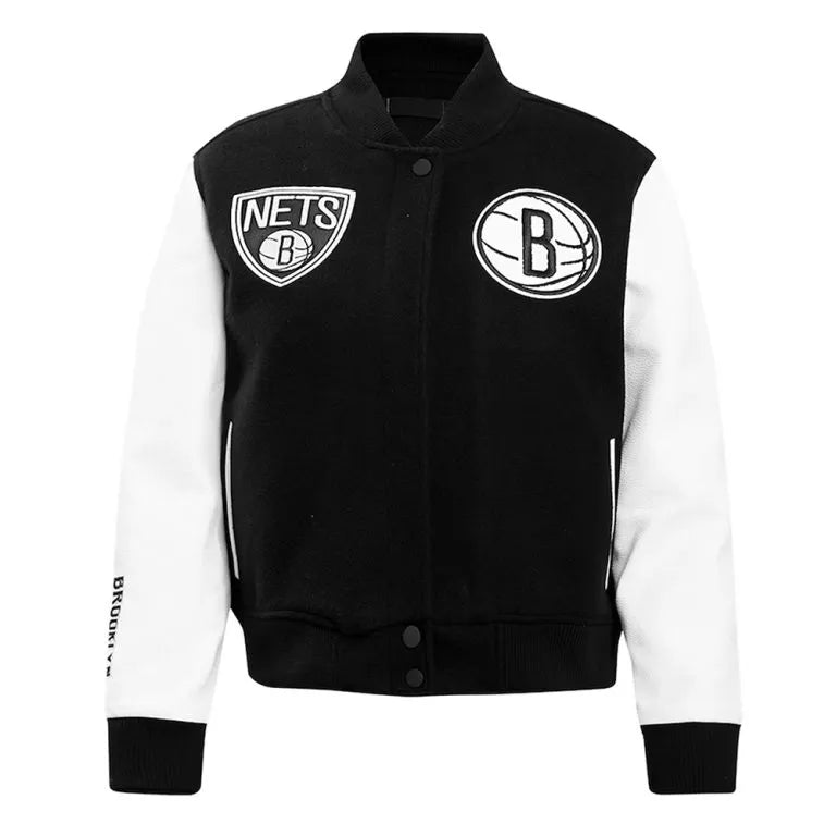 Brooklyn Nets NBA Black Wool & White Genuine Leather Sleeves Men's Varsity Letterman Jacket