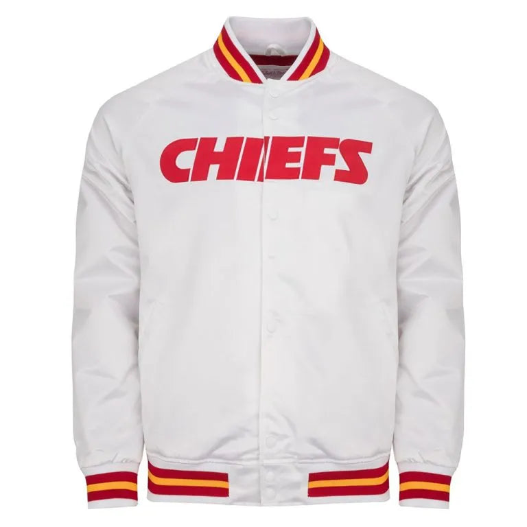 Kansas City Chiefs Heavyweight Full-Snap Varsity White Satin Men's Bomber Jacket