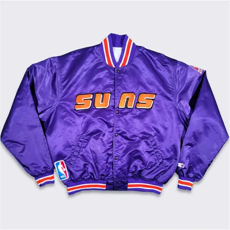 90’s Phoenix Suns Full-Snap Varsity Purple Satin Men's Bomber Jacket