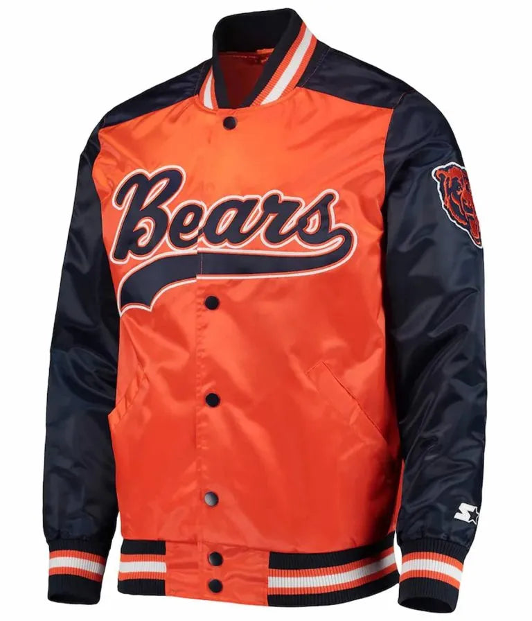 Chicago Bears The Tradition II Full-Snap Varsity Navy Blue & Orange Satin Men's Bomber Jacket