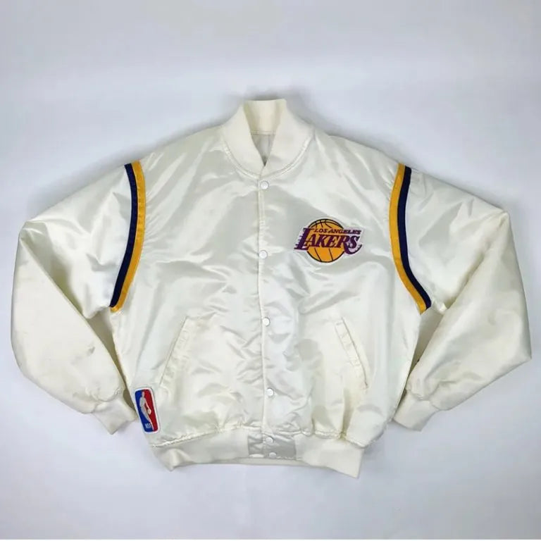 80s Los Angeles Lakers Vintage Full-Snap Varsity White Satin Men's Bomber Jacket