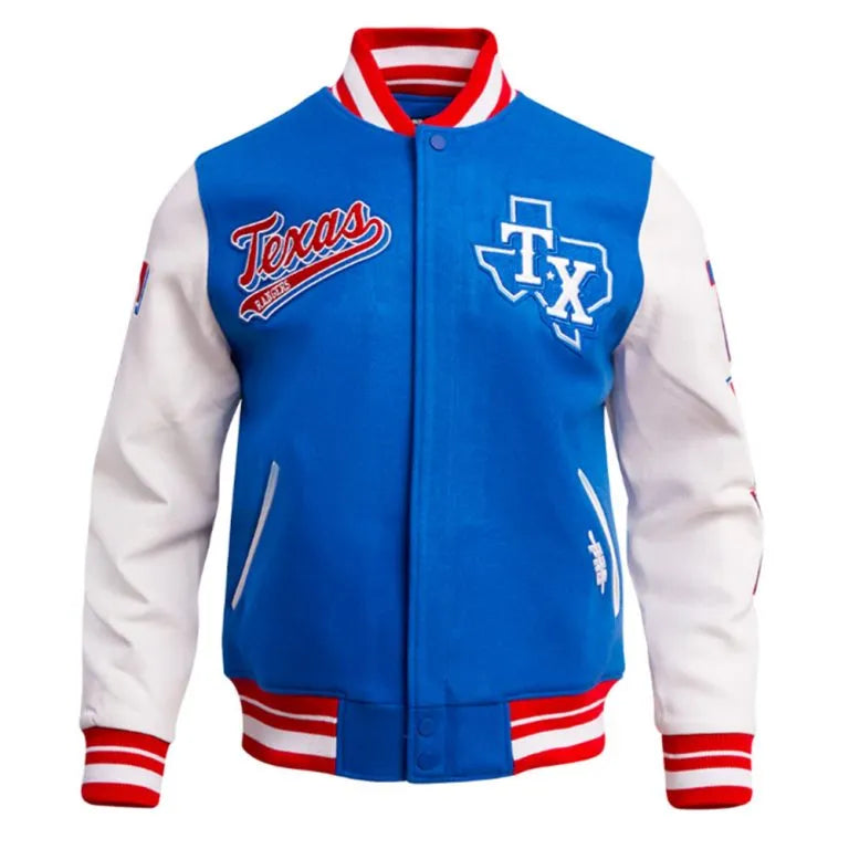 Texas Rangers Script Tail Blue Wool & White Leather Sleeves Varsity Men's Jacket