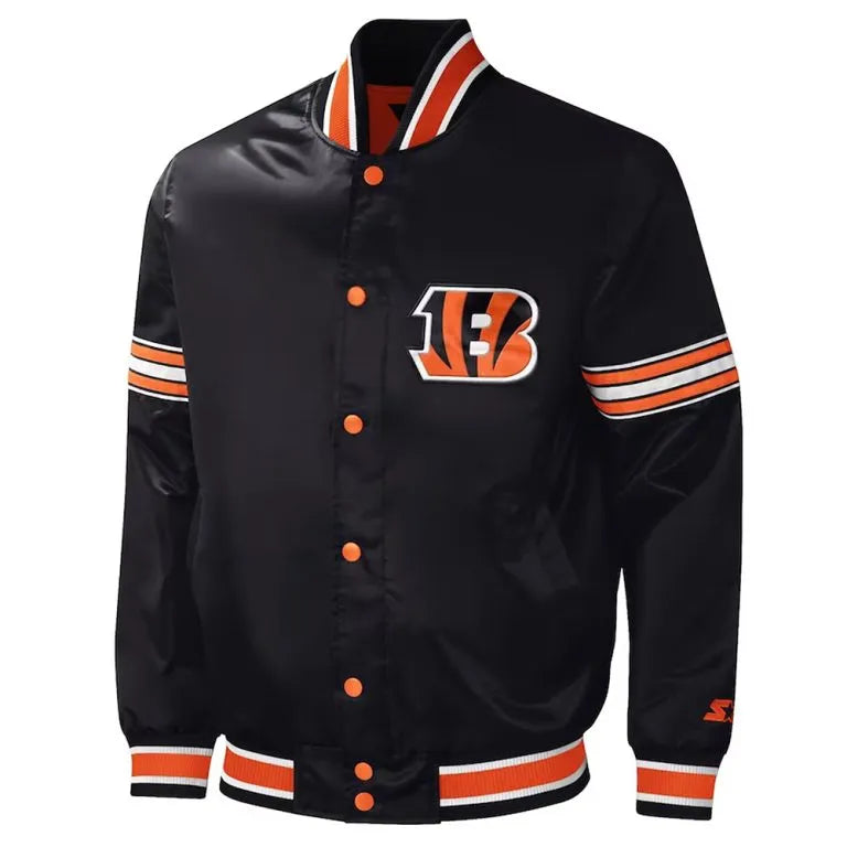 Cincinnati Bengals Midfield Full-Snap Varsity Black Satin Men's Bomber Jacket