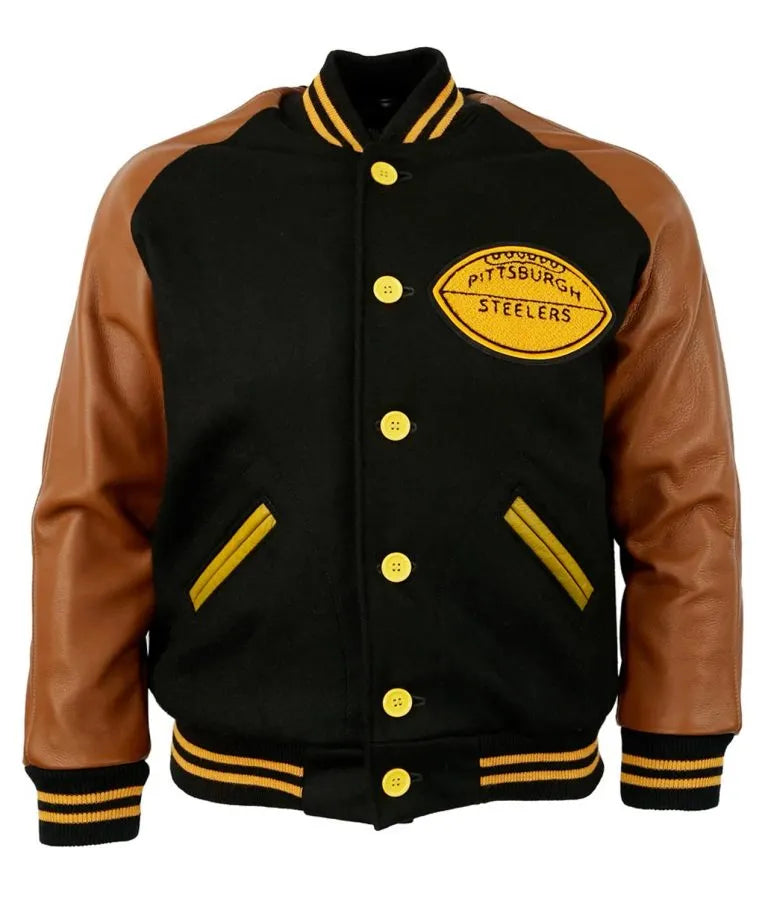 1955 Pittsburgh Steelers Black Wool & Brown Genuine Leather Sleeves Men's Varsity Letterman Jacket