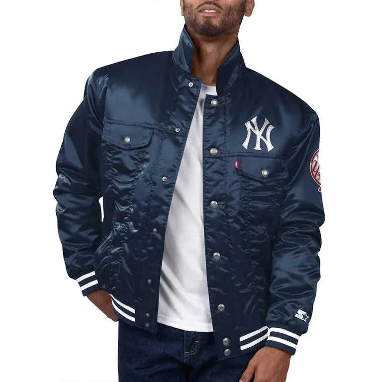 New York Yankees Silver Tab Trucker Full-Snap Navy Blue Satin Men's Jacket