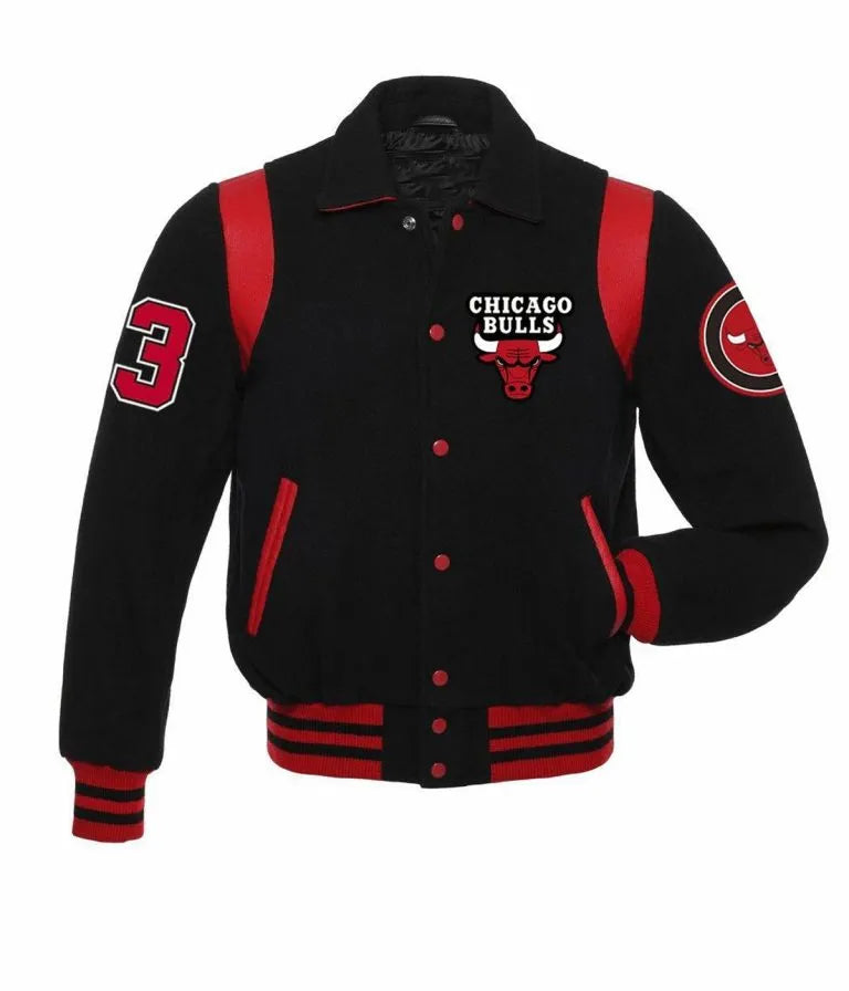 Chicago Bulls Sailor Collar Black and Red All Wool Men's Varsity Letterman Jacket