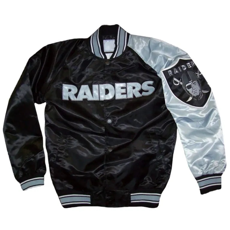 Los Angeles Raiders Endzone Full-Snap Varsity Black and Gray Satin Men's Bomber Jacket