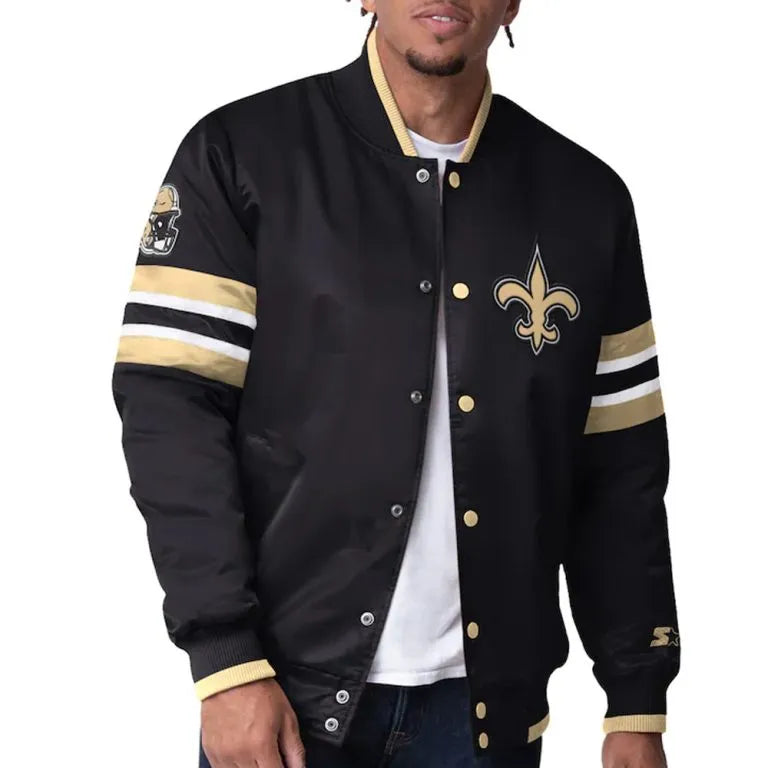 New Orleans Saints Scout I Full-Snap Varsity Black Satin Men's Bomber Jacket