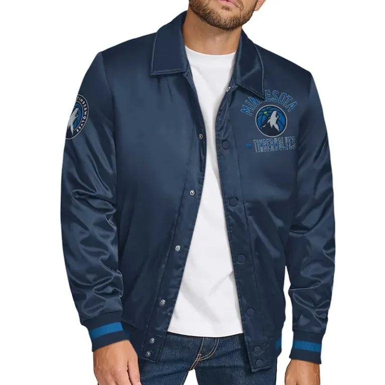 Minnesota Timberwolves Stitch Applique Full-Snap Varsity White Navy Blue Men's Bomber Jacket