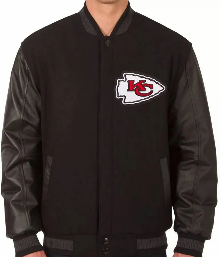 Kansas City Chiefs Black Wool and Genuine Leather Sleeves Men's Varsity Letterman Jacket