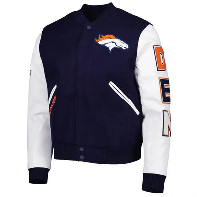 Denver Broncos Logo Navy Blue Wool & White Genuine Leather Sleeves Men's Varsity Jacket