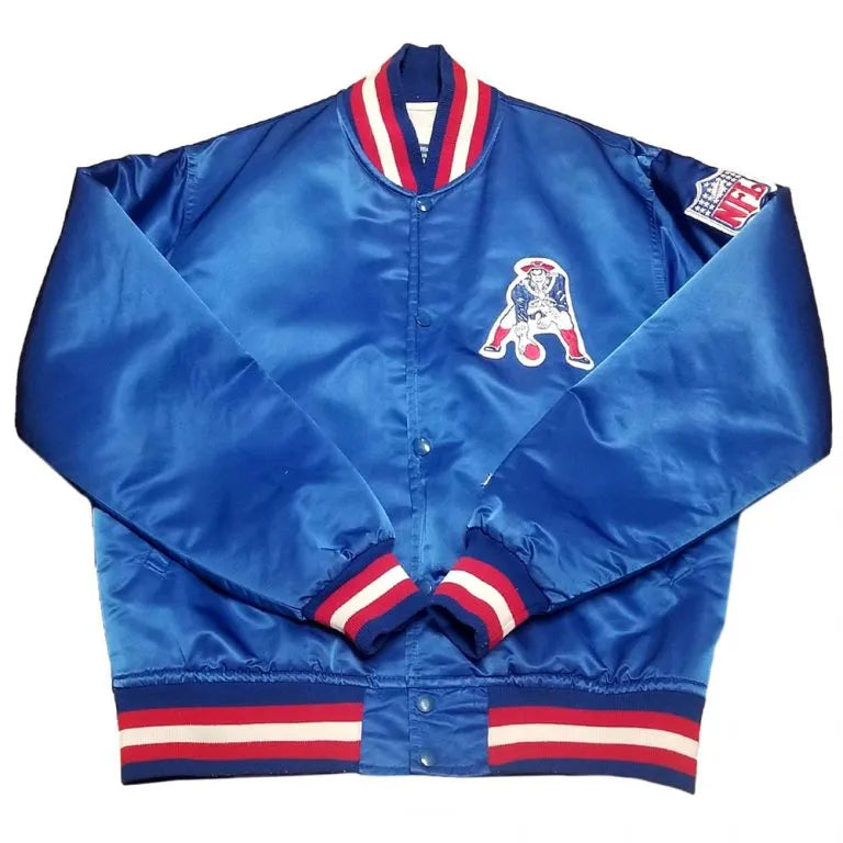 80s New England Patriots Full-Snap Varsity Blue Satin Men's Bomber Jacket