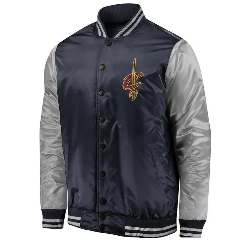 Cleveland Cavaliers Full-Snap Varsity Navy Blue and Silver Satin Men's Bomber Jacket