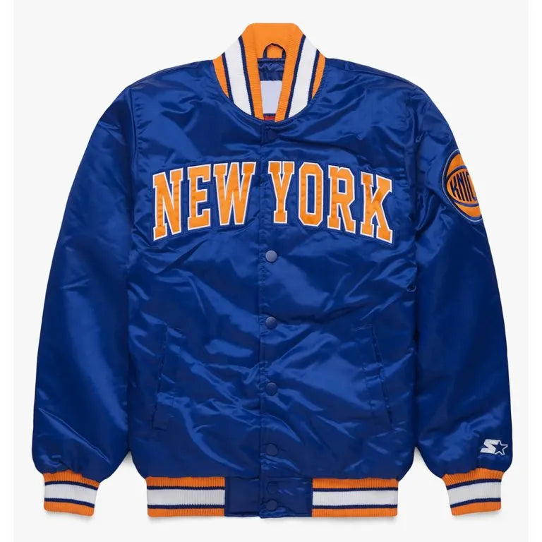 New York Knicks Classic Full-Snap Varsity Royal Blue Satin Men's Bomber Jacket