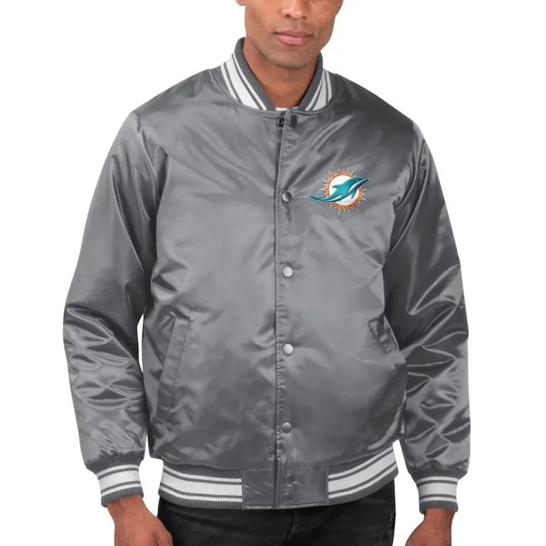 Miami Dolphins Locker Room Full-Snap Varsity Gray Satin Men's Bomber Jacket
