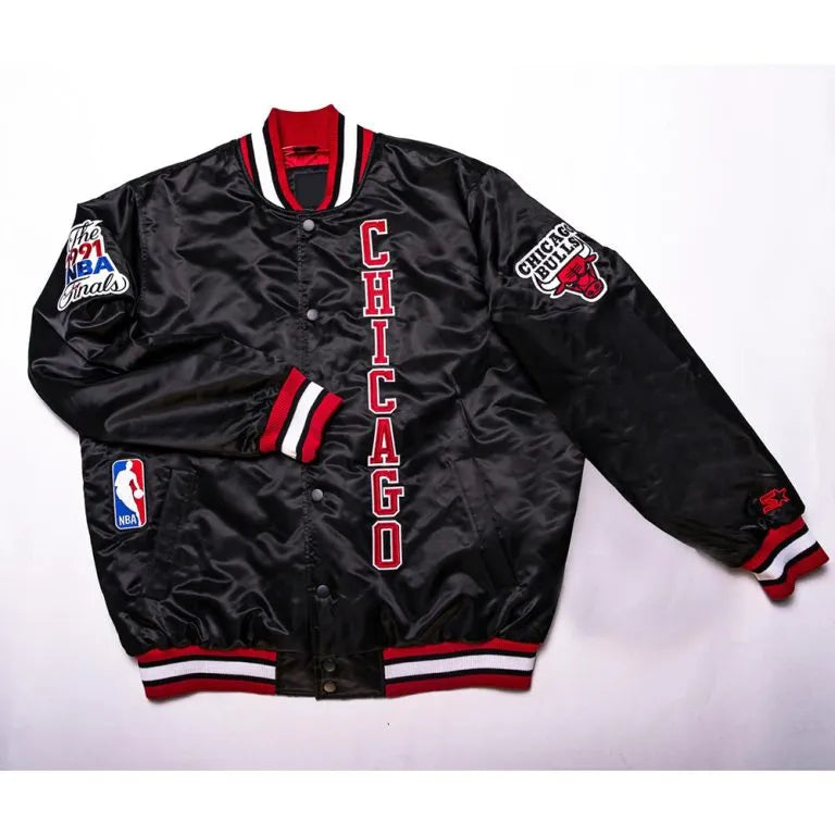 Chicago Bulls The 1991 NBA Finals Full-Snap Varsity Black Satin Men's Bomber Jacket