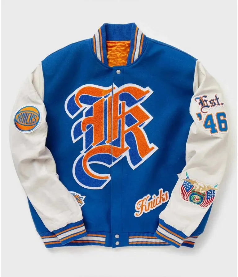 New York Knicks Varsity Blue Wool & White Genuine Leather Sleeves Men's Letterman Jacket