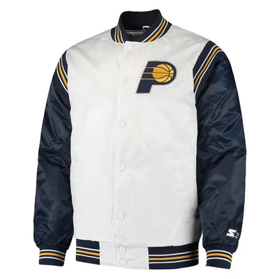 Indiana Pacers Renegade Full-Snap Varsity White and Navy Blue Satin Men's Bomber Jacket