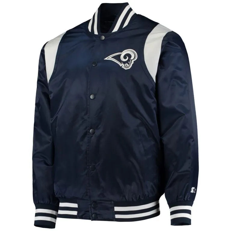 Los Angeles Rams The Prime Full-Snap Varsity Navy Blue Satin Men's Bomber Jacket