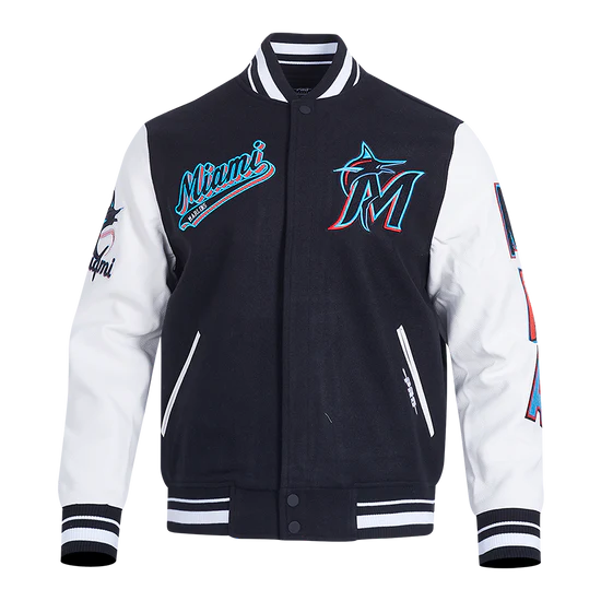 Miami Marlins Script Tail Varsity Letterman Black Wool & White Leather Men's Jacket