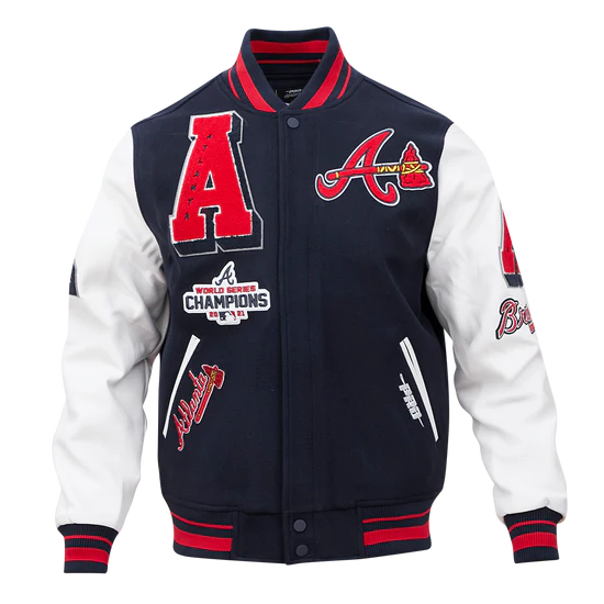 Atlanta Braves Mash Up Navy Blue Wool & White Genuine Leather Sleeves Varsity Full-Zip Men's Jacket