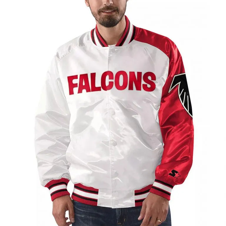 Atlanta Falcons Start of Season Retro Full-Snap Varsity Red and White Satin Men's Bomber Jacket