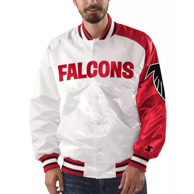 Atlanta Falcons Start of Season Retro Full-Snap Varsity Red and White Satin Men's Bomber Jacket