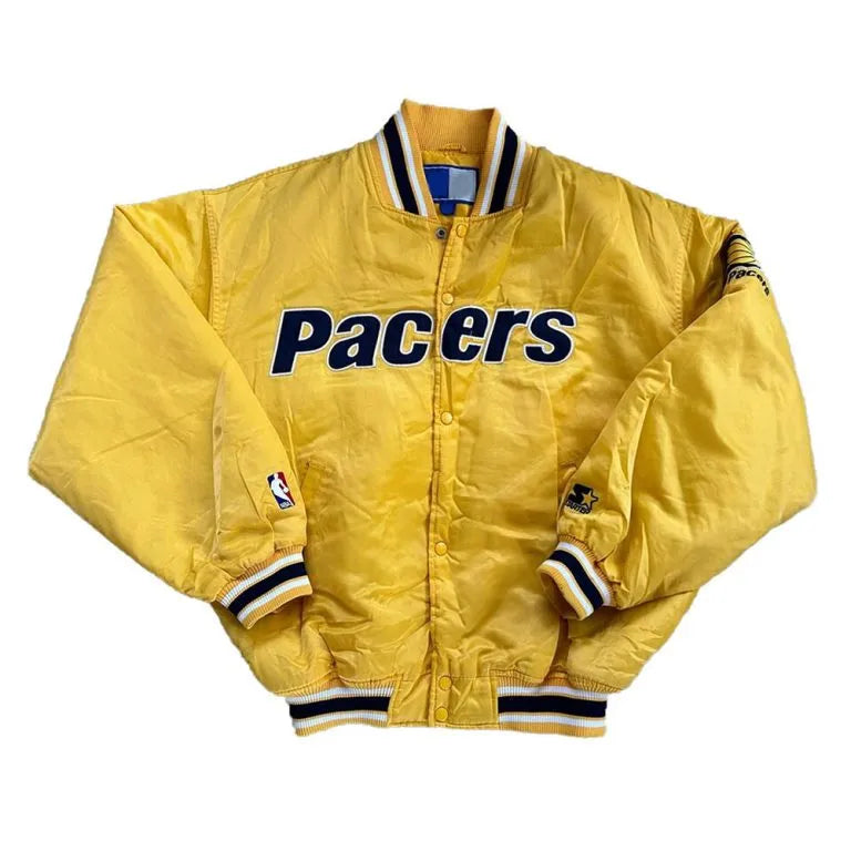 90’s Indiana Pacers Full-Snap Varsity Yellow Satin Men's Bomber Jacket