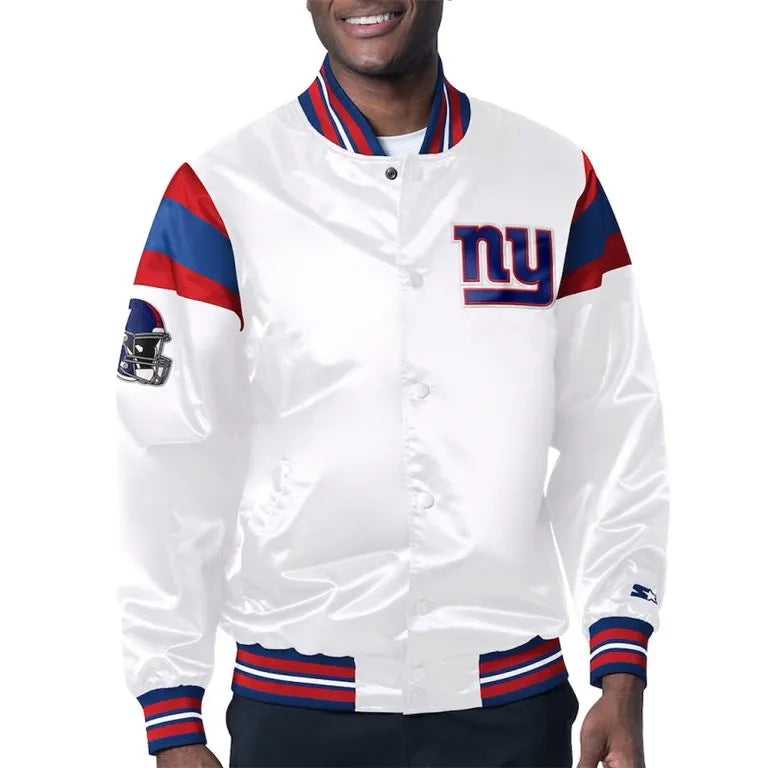 New York Giants Midweight Full-Snap Varsity White Satin Men's Bomber Jacket
