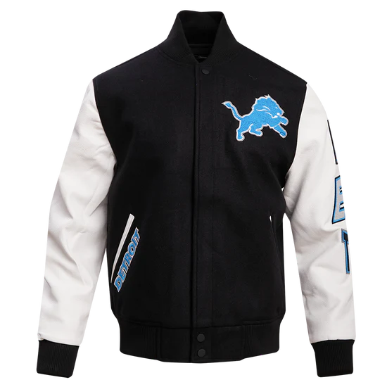 Detroit Lions Black Wool & White Genuine Leather Sleeves Men's Varsity Jacket