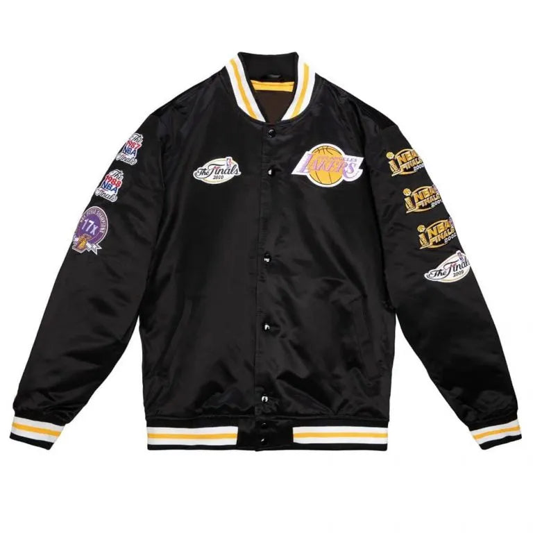 Los Angeles Lakers Champ City Full-Snap Varsity Black Satin Men's Bomber Jacket