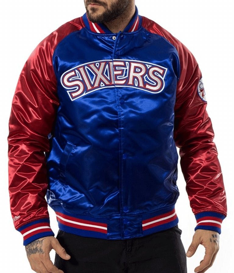 Philadelphia 76ers NBA  Full-Varsity Blue and Red Satin Men's Bomber Jacket