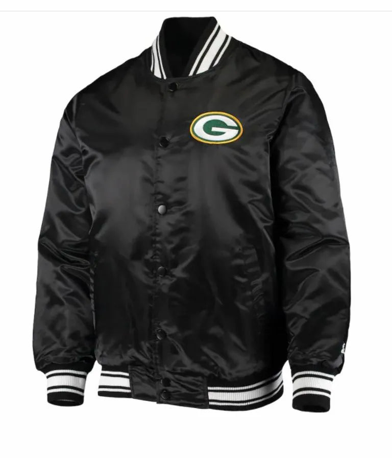 Green Bay Packers Full-Snap Varsity  Black Satin Men's Bomber Jacket