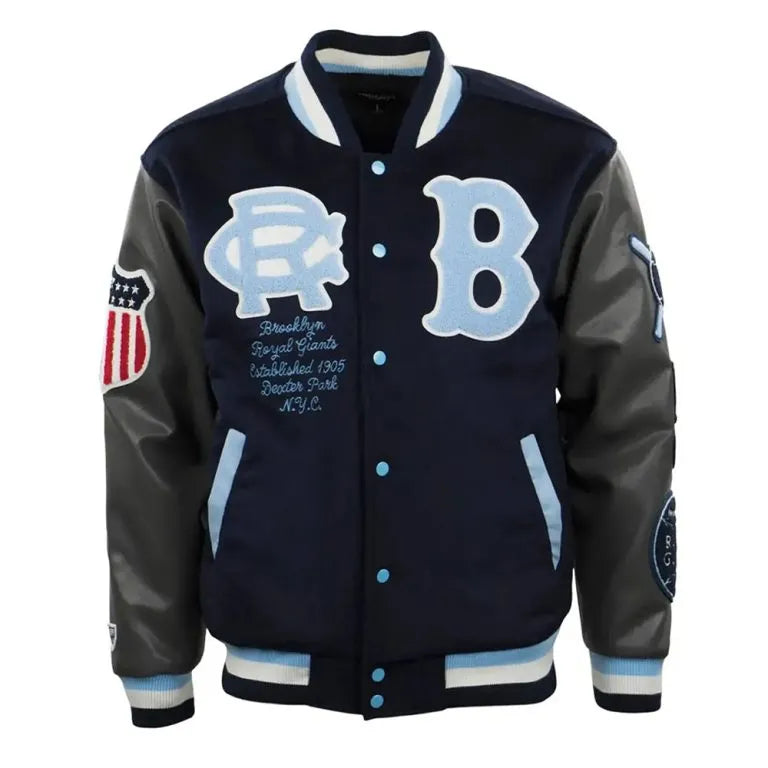 Brooklyn Royal Giants Navy Blue Wool & Gray Genuine Leather Sleeves Men's Letterman Varsity Jacket