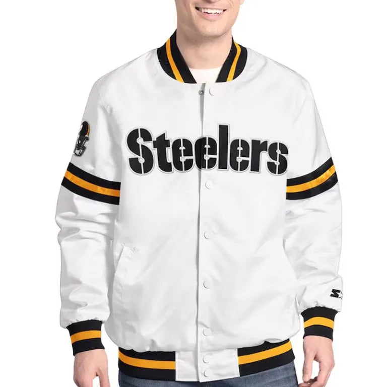 Pittsburgh Steelers Scout Full-Snap Varsity White Satin Men's Bomber Jacket