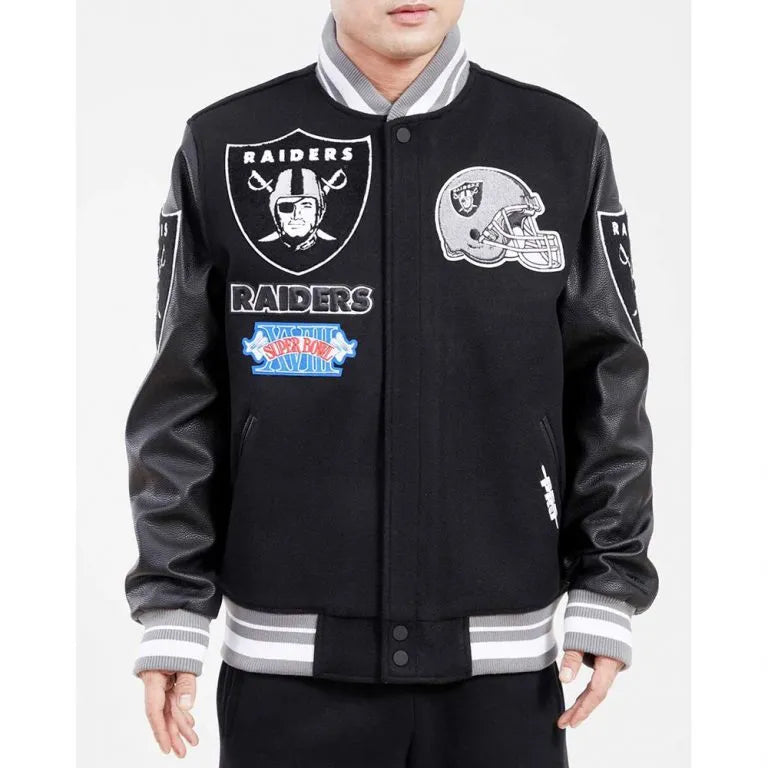 Los Vegas Raiders Black Wool and Genuine Leather Sleeves Men's Varsity Letterman Jacket