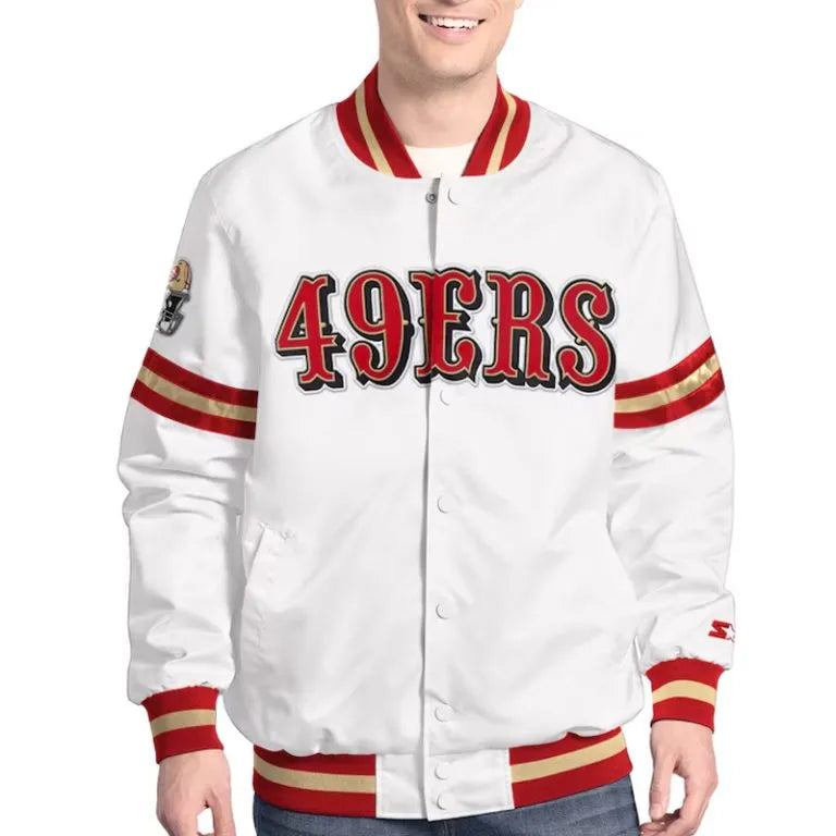 San Francisco 49ers Scout Full-Snap Varsity White Satin Men's Bomber Jacket