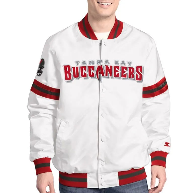 Tampa Bay Buccaneers Scout Full-Snap Varsity White Satin Men's Bomber Jacket