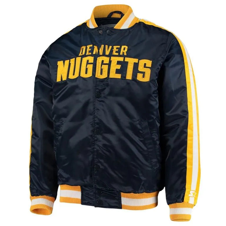 Denver Nuggets Offensive Full-Snap Varsity Navy Blue Satin Men's Bomber Jacket