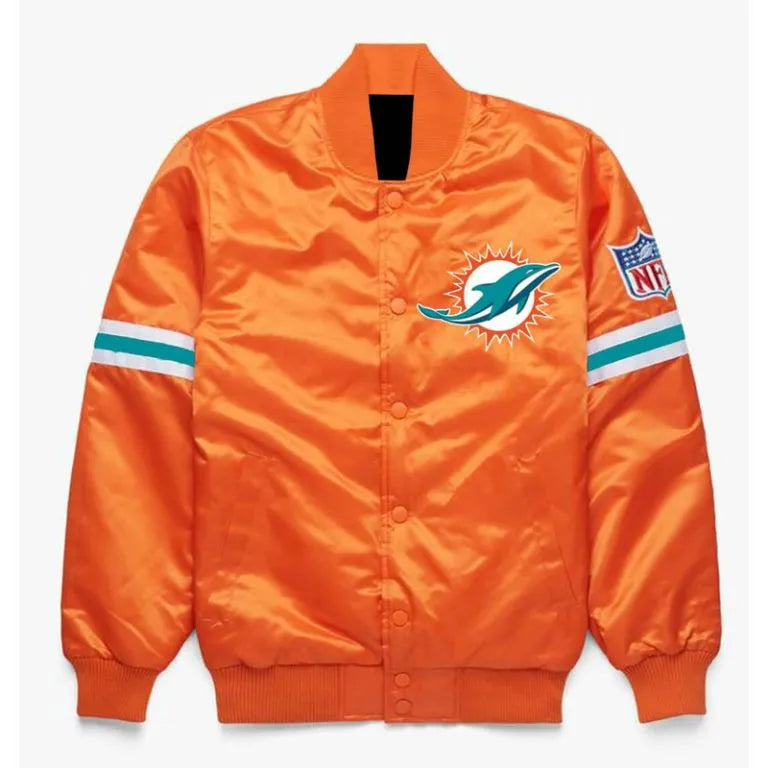 Miami Dolphins Full-Snap Varsity Orange Satin Men's Bomber Jacket