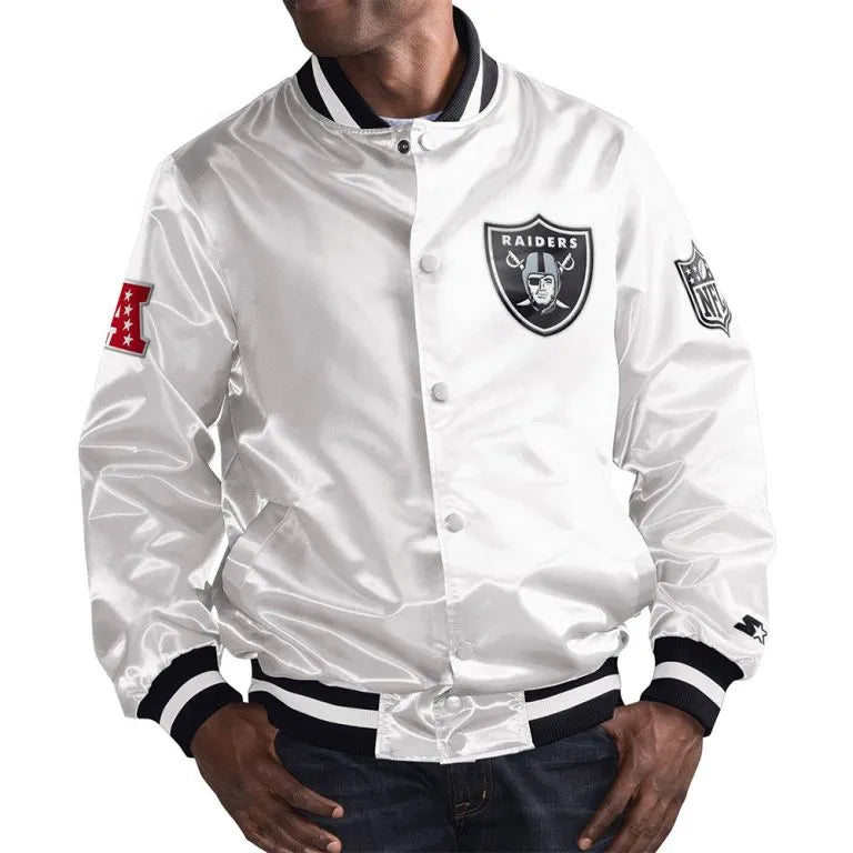Los Angeles Raiders Fill Full-Snap Varsity White Satin Men's Bomber Jacket